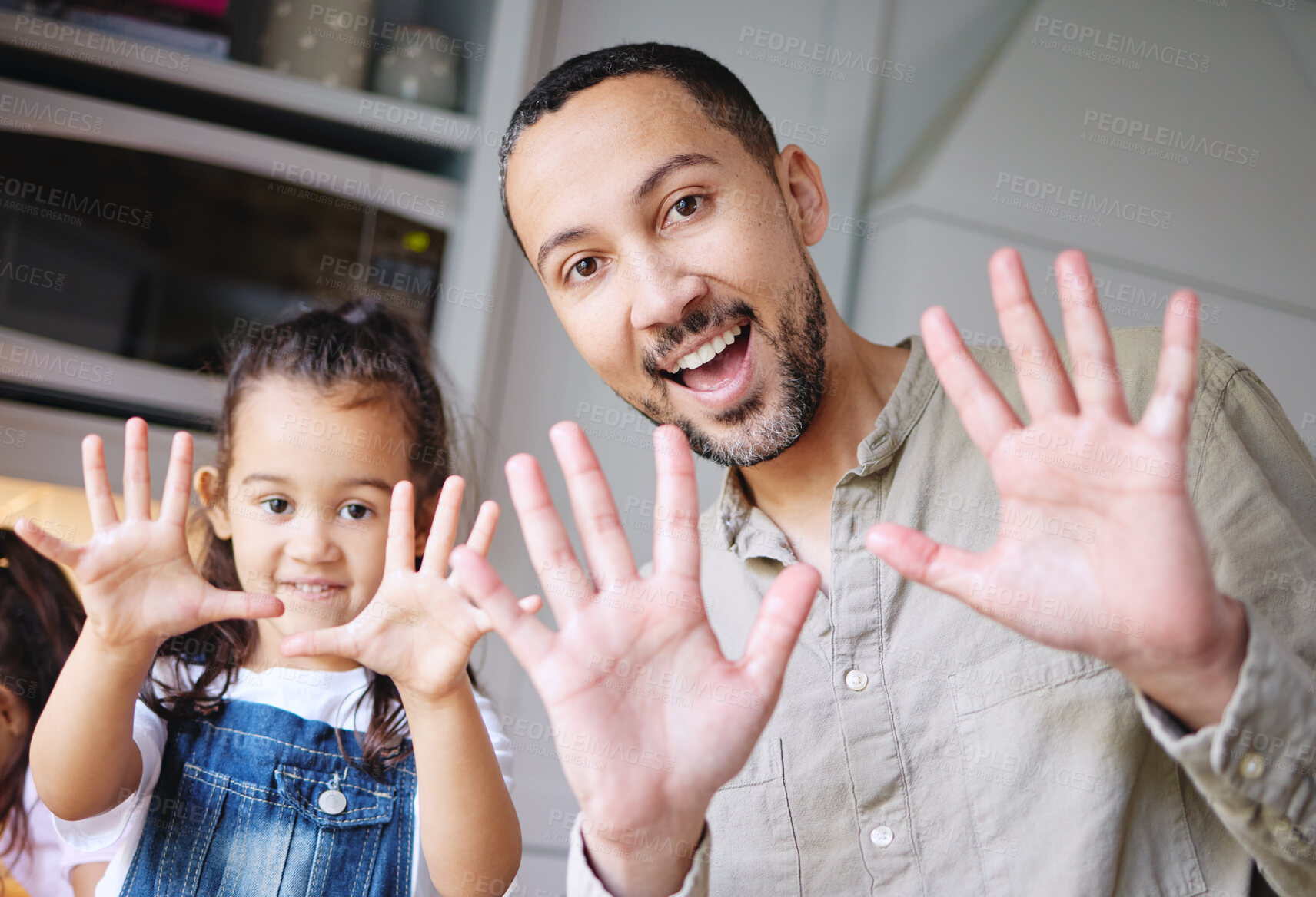 Buy stock photo Clean hands, home and father with girl, portrait and teaching with routine, good habit and bonding together. Face, single parent and family with kid, child development and hygiene to remove bacteria