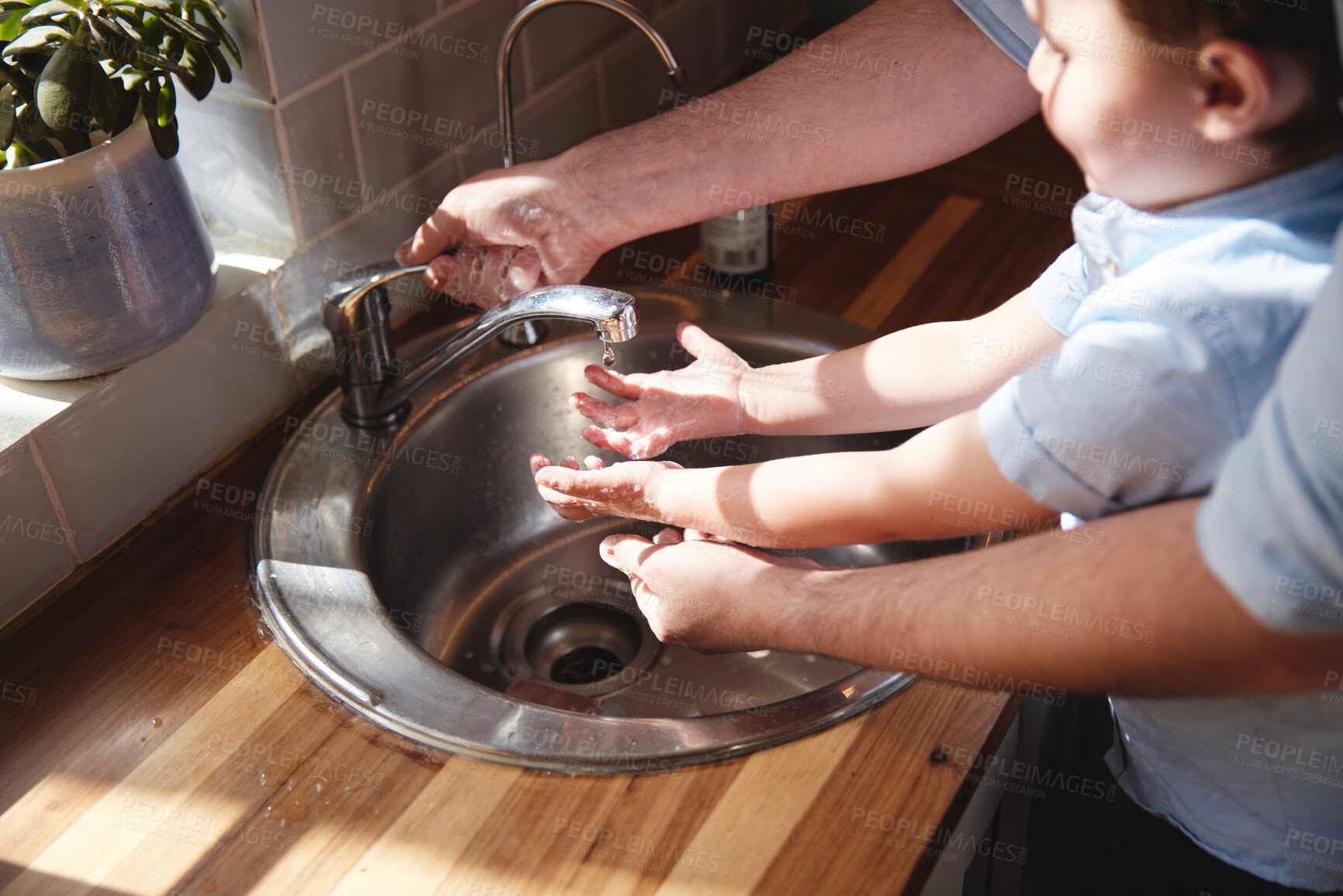 Buy stock photo Sink, learning and child washing hands with father in kitchen for hygiene, grooming and health routine. Wellness, tap and dad helping boy kid cleaning skin to prevent germs, bacteria or dirt at home.