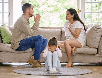 Buy stock photo Family, stress and parents fighting on sofa, toxic and parenting fail with child on living room floor. Divorce, crisis and kid with noise complaint gesture from angry man with woman in home conflict