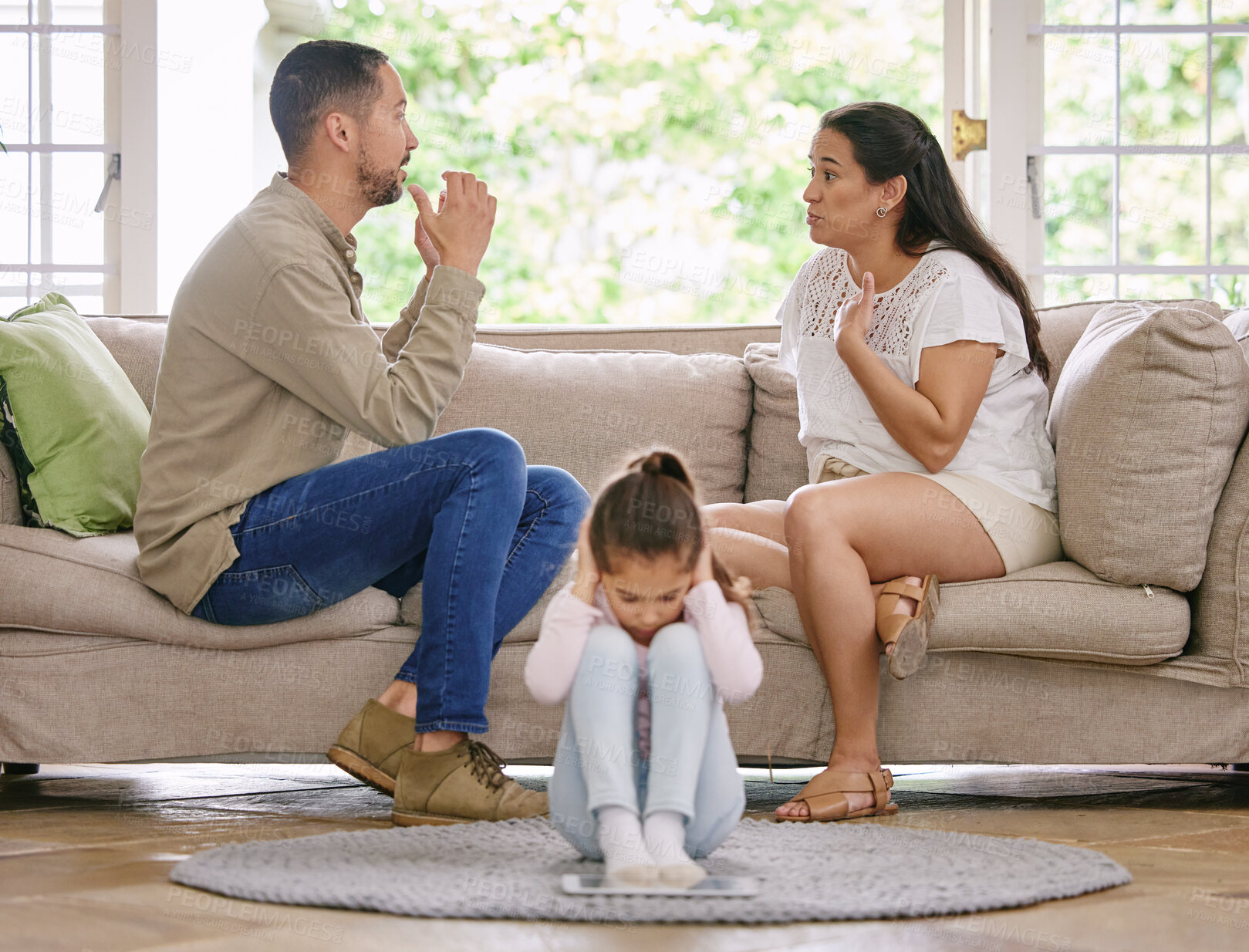 Buy stock photo Family, stress and parents fighting on sofa, toxic and parenting fail with child on living room floor. Divorce, crisis and kid with noise complaint gesture from angry man with woman in home conflict