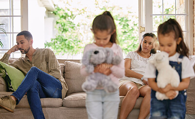 Buy stock photo Family, fighting and sad girls in living room with teddy bear for support or comfort. Parents, divorce and husband in argument with wife and scared kids in fear, stress or conflict in home lounge