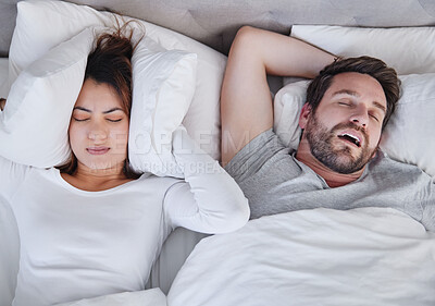 Buy stock photo Snoring, stress and above angry woman with sleeping man in bed, unhappy and frustrated, insomnia and crisis. Bedroom, fail and top view of lady with noise, issue and annoyed by snore or sleep apnea 