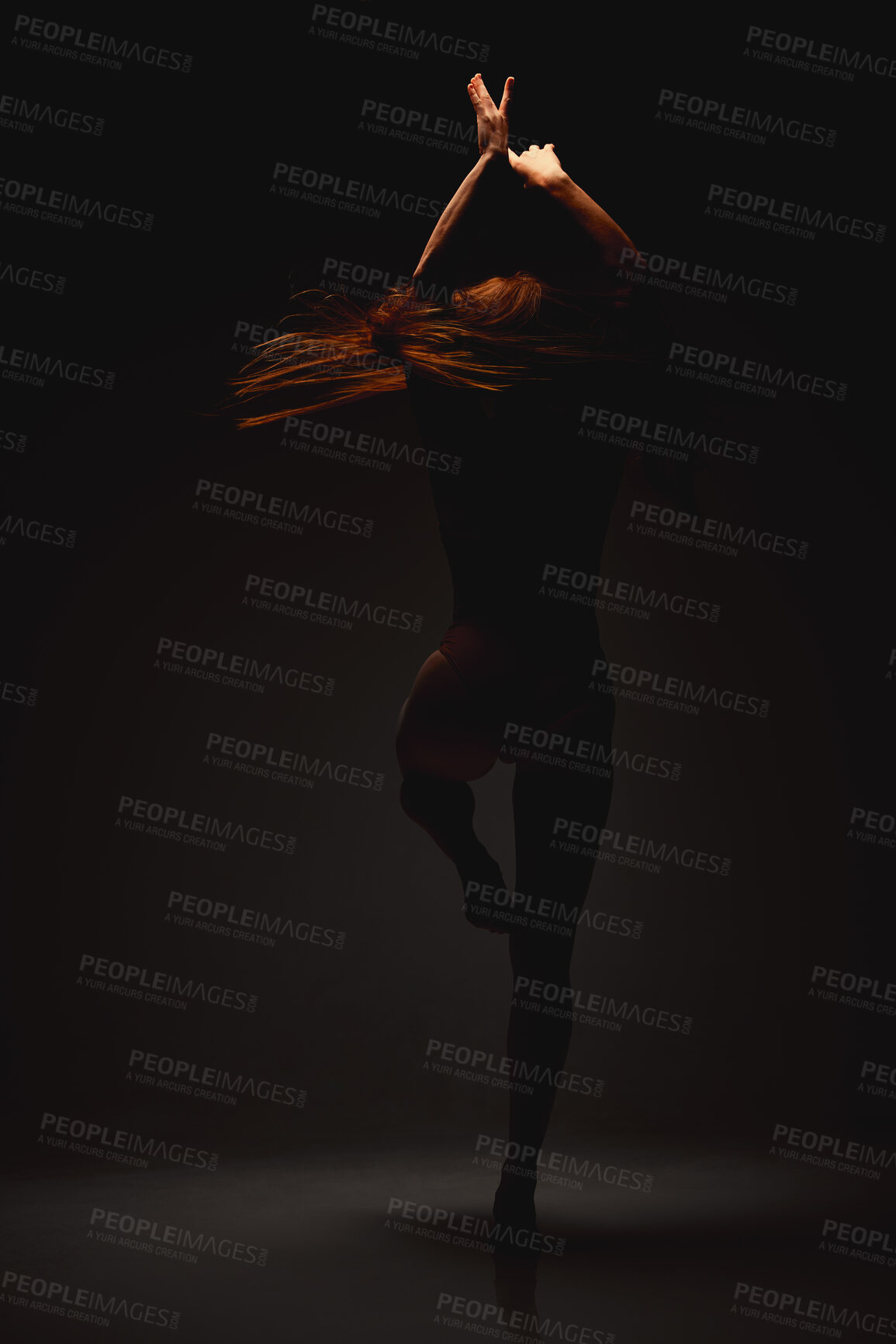 Buy stock photo Dancing, woman and ballet in studio with performance, turn and dark background with balance. Shadow, art and pose with ballerina routine of dancer and performer with silhouette and creativity 