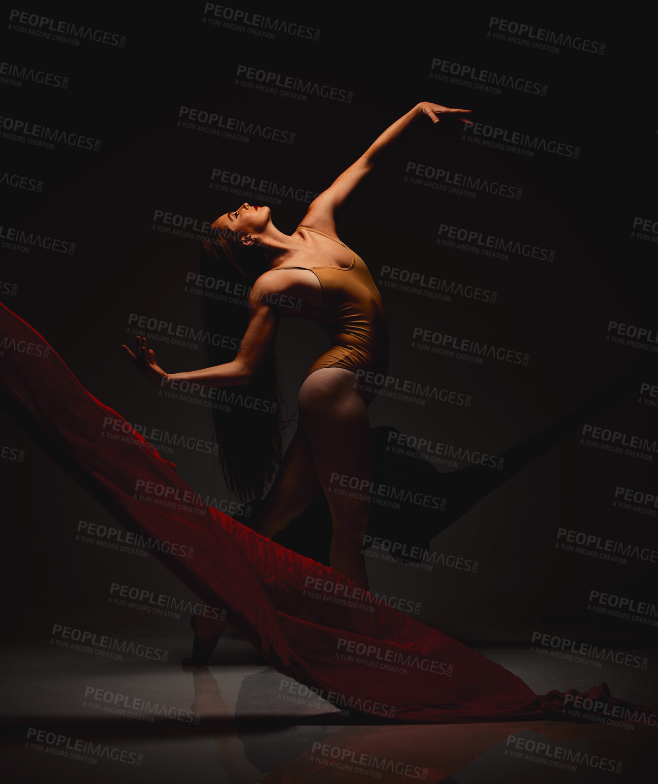 Buy stock photo Modern dance, woman and ballet in studio with performance, velvet fabric and dark background. Arm stretching, art and pose with ballerina routine of dancer and performer with show and creativity 