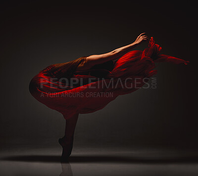 Buy stock photo Dancing, woman and flow in dress in studio with performance, craft and dark background with balance. Moving, art and pose with artist routine of dancer and performer with feet point and creativity 