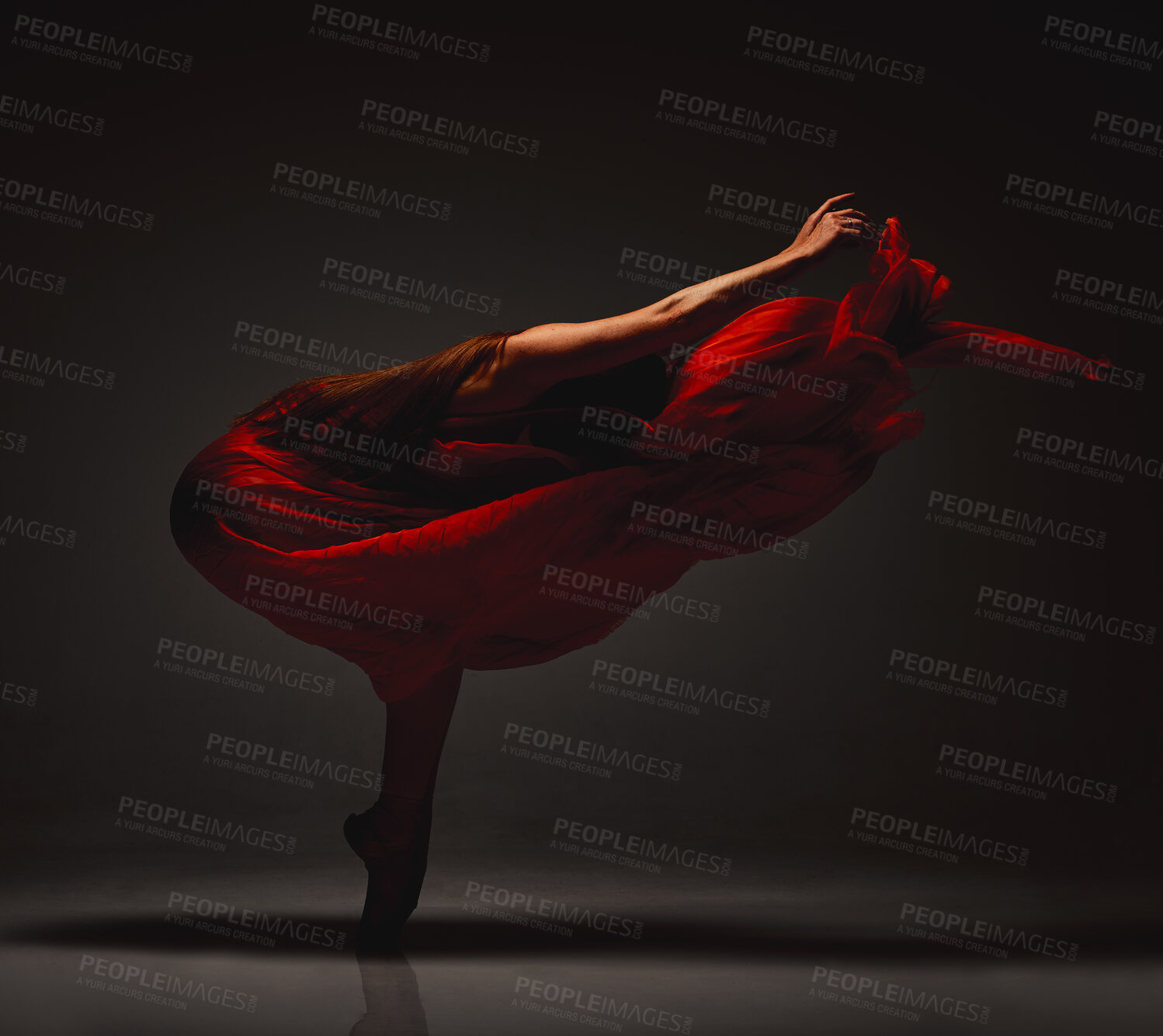 Buy stock photo Dancing, woman and flow in dress in studio with performance, craft and dark background with balance. Moving, art and pose with artist routine of dancer and performer with feet point and creativity 