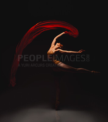 Buy stock photo Dancing, woman and ballet with fabric and performance with red velvet and dark background with balance. Gymnastics, art and artist with routine of dancer and performer with feet pointing in studio 