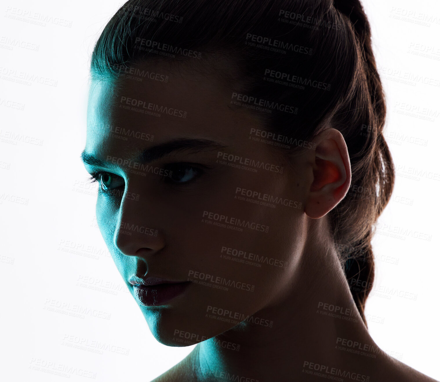 Buy stock photo Beauty, neon and light with face of woman in studio for creative, glow and lighting mockup space. Fantasy, shadow and shine with female model on white background for art, disco and dark aesthetic
