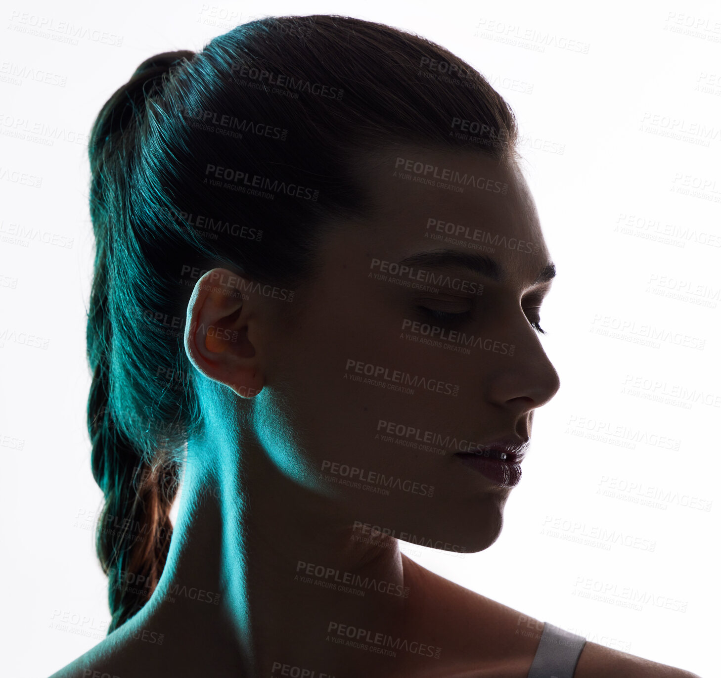 Buy stock photo Beauty, neon and silhouette with profile of woman in studio for creative, glow and lighting mockup space. Fantasy, shadow and shine with model on white background for art, disco and dark aesthetic