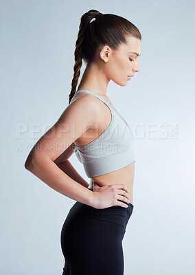 Buy stock photo Fitness, health and profile of woman in studio with confidence for wellness, exercise and body. Weightloss, pride and slim female person with sport training, diet or workout by white background.