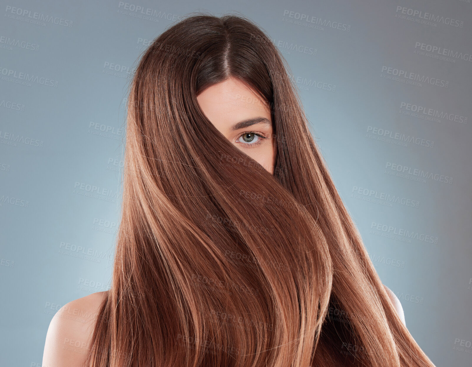 Buy stock photo Studio shot of a beautiful young woman showing off her long brown hair