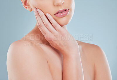 Buy stock photo Beautiful, smooth and flawless skin of a caucasian woman with a good skincare routine or facial treatment. Closeup of a young female with a glowing and radiant body. A clean and fresh beauty model