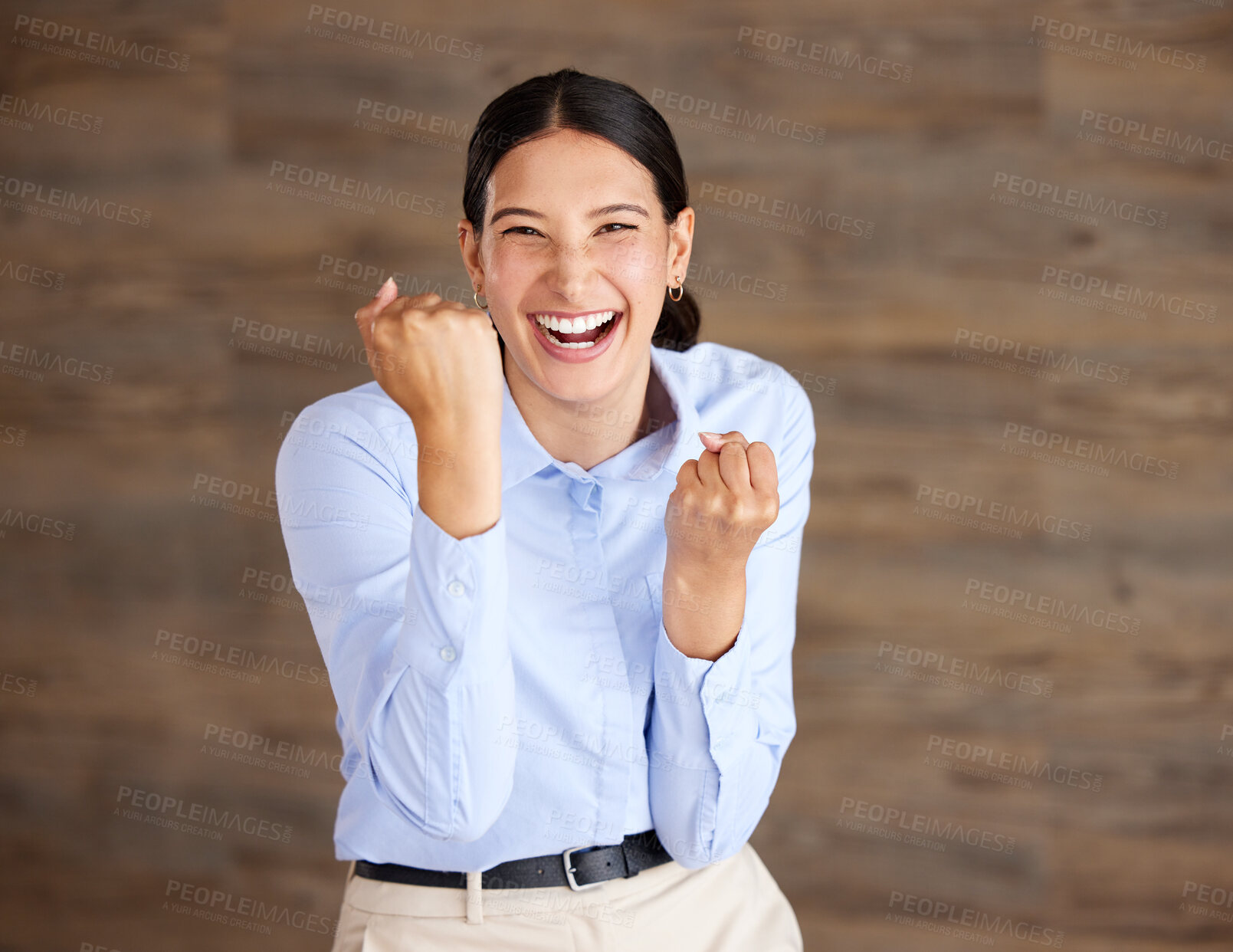 Buy stock photo Business woman, excited and fist pump in portrait, winning or career success with reward, promotion or bonus. Happiness, corporate winner or celebration with reaction to announcement for opportunity