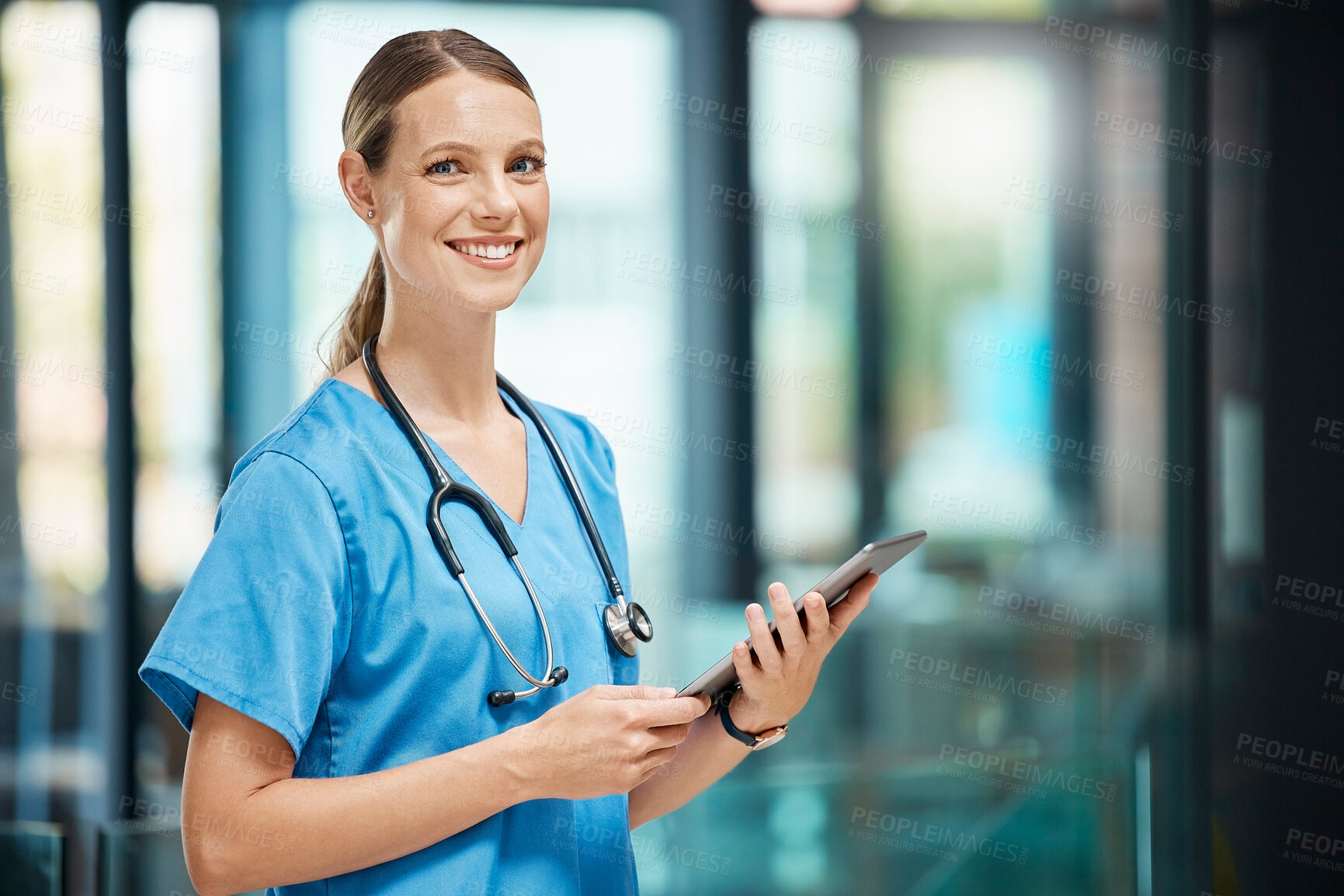 Buy stock photo Portrait, woman and nurse with tablet, clinic and confident in space, stethoscope and proud. Wellness, healthcare and medical research with smile, happy and ready for surgery in hospital and online