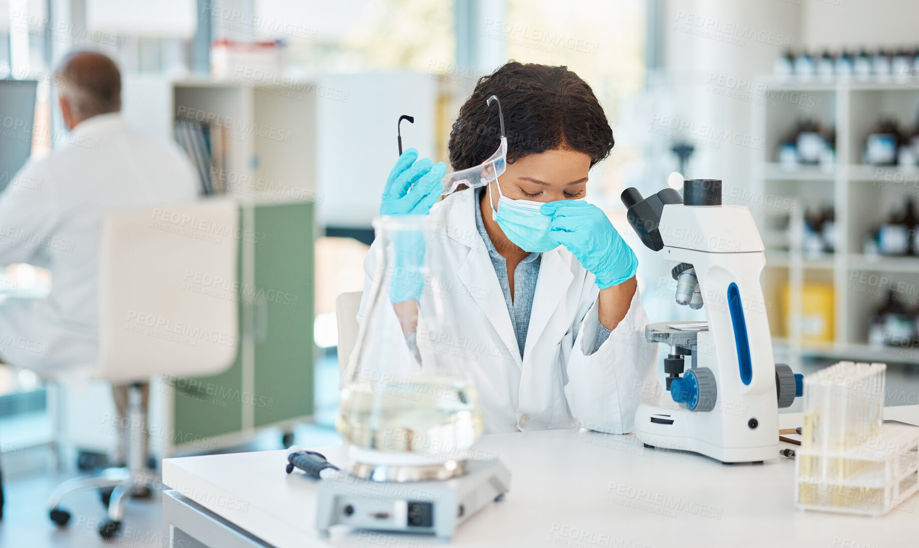 Buy stock photo Microscope, science and woman with stress in lab for burnout, headache and overworked on DNA sample analysis. Scientist, expert and mask with anxiety for medical research and investigation pressure