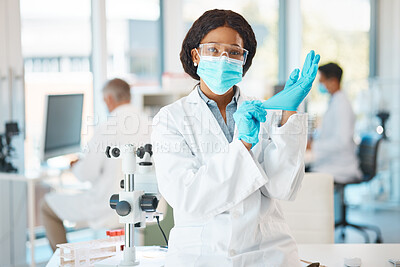 Buy stock photo Laboratory, hands and woman in portrait with gloves, safety and investigation for medical diagnosis. Healthcare, black doctor and experiment with face cover, virus or glasses for protection in clinic