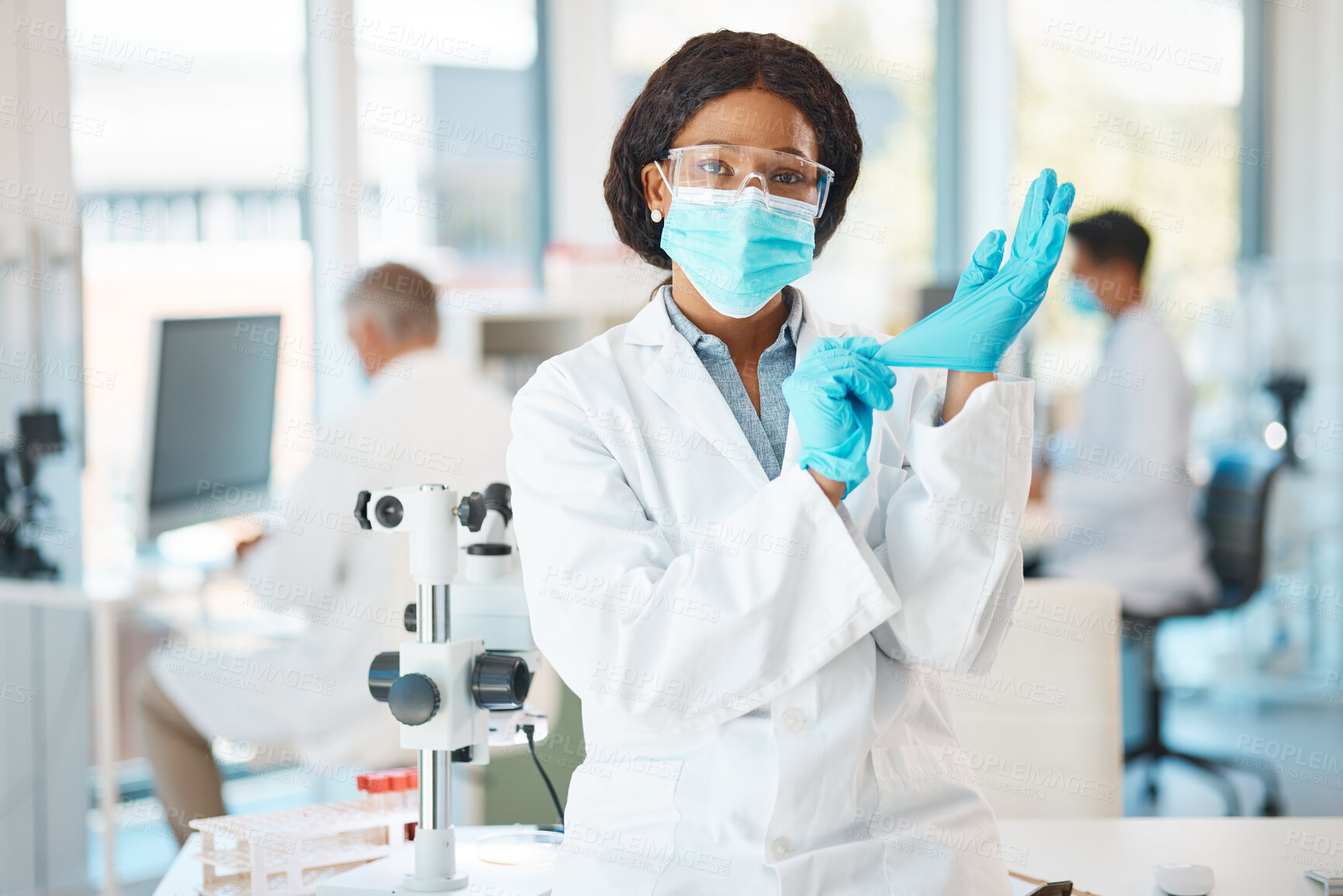 Buy stock photo Laboratory, hands and woman in portrait with gloves, safety and investigation for medical diagnosis. Healthcare, black doctor and experiment with face cover, virus or glasses for protection in clinic