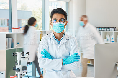 Buy stock photo Laboratory, mask and man in portrait with arms crossed, planning and investigation for medical virus. Healthcare, asian doctor and confident with face cover, gloves or safety for staff in motion blur