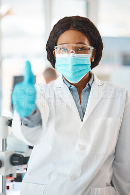 Buy stock photo Portrait, black woman and scientist with thumbs up in lab for  experiment success, face mask and medical treatment. African female person and biotechnology, achievement or medicine of peanut allergy