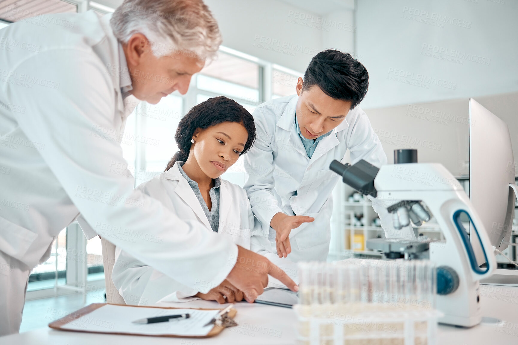 Buy stock photo Research, science and teamwork with people in laboratory together for innovation or investigation. Discovery, experiment and microscope with group of doctors working on development of vaccine