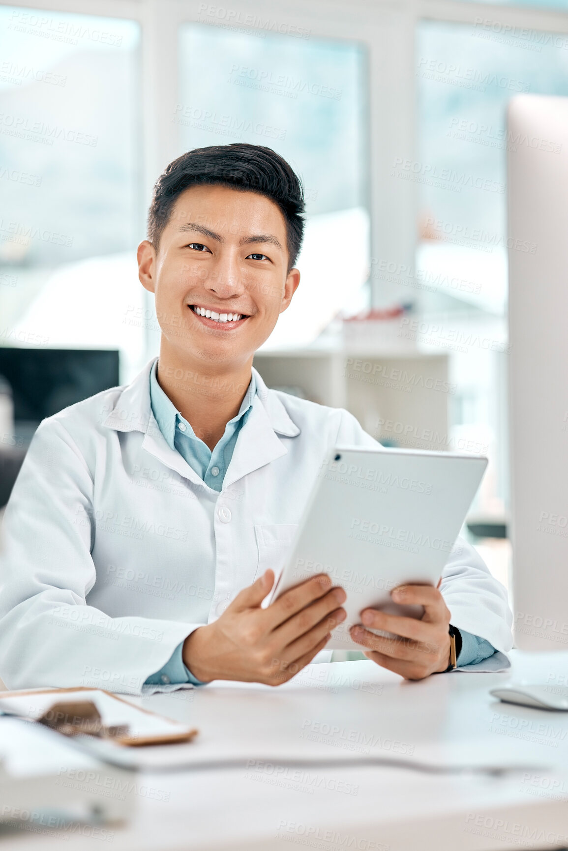 Buy stock photo Science, man and portrait with tablet in laboratory for monitor experiment, scientific analysis and medical research for study. Technology, online and digital for trial results, breakthrough and cure