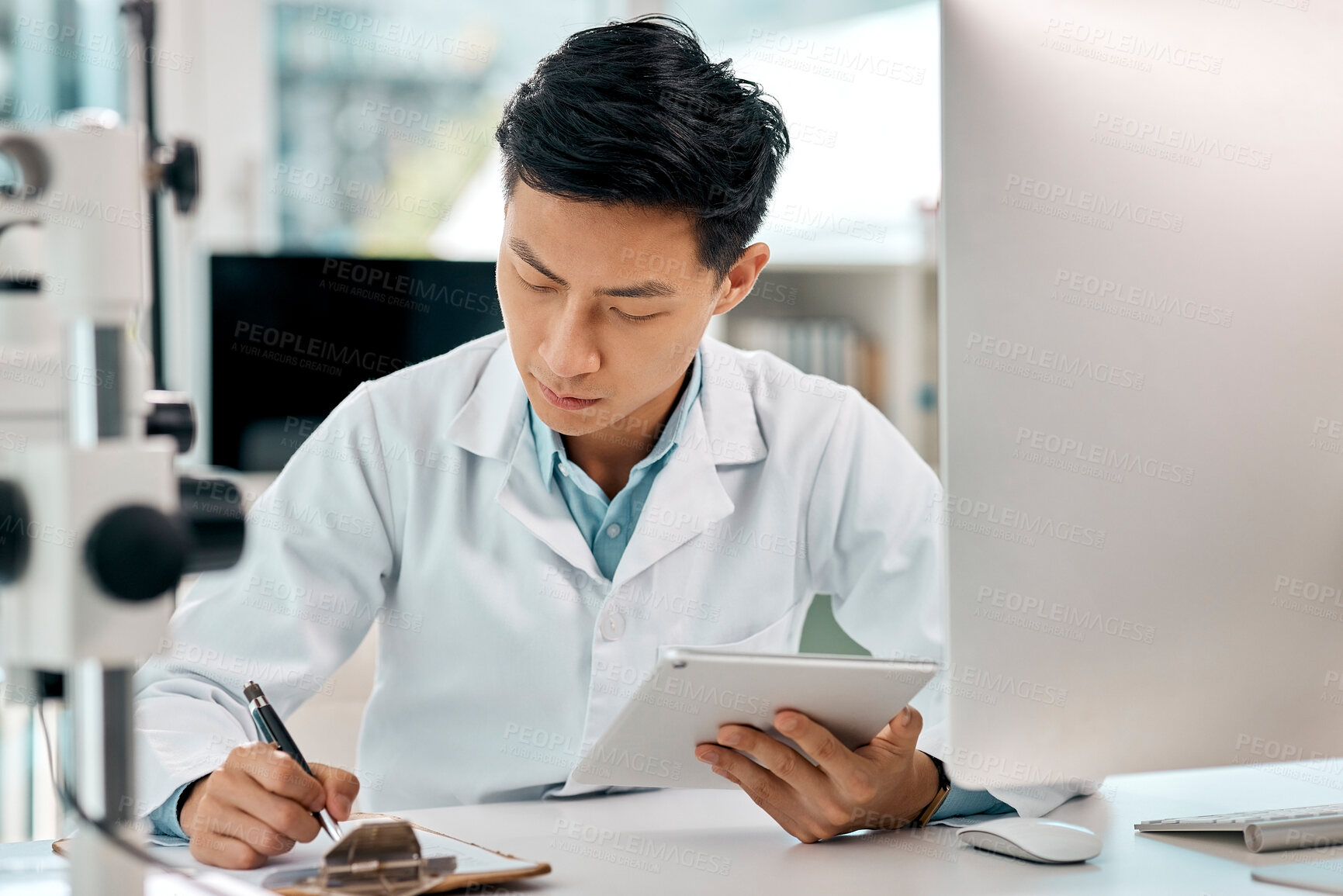 Buy stock photo Science, man and writing with tablet in laboratory for monitor experiment, scientific analysis and medical research for study. Clipboard, online and digital for trial results, breakthrough and cure.