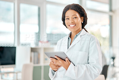Buy stock photo Black woman, tablet and portrait of a scientist in laboratory, hospital or science research for medicine, chemistry or innovation. Doctor, technology and medical worker with smile in clinic or lab