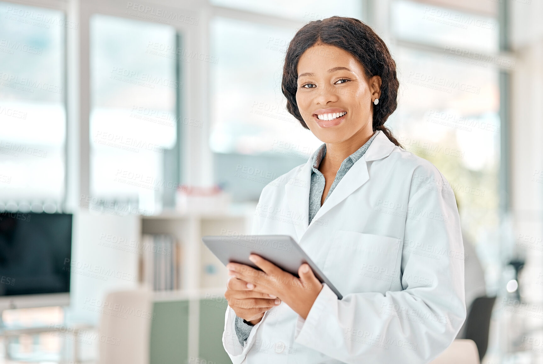 Buy stock photo Black woman, tablet and portrait of a scientist in laboratory, hospital or science research for medicine, chemistry or innovation. Doctor, technology and medical worker with smile in clinic or lab