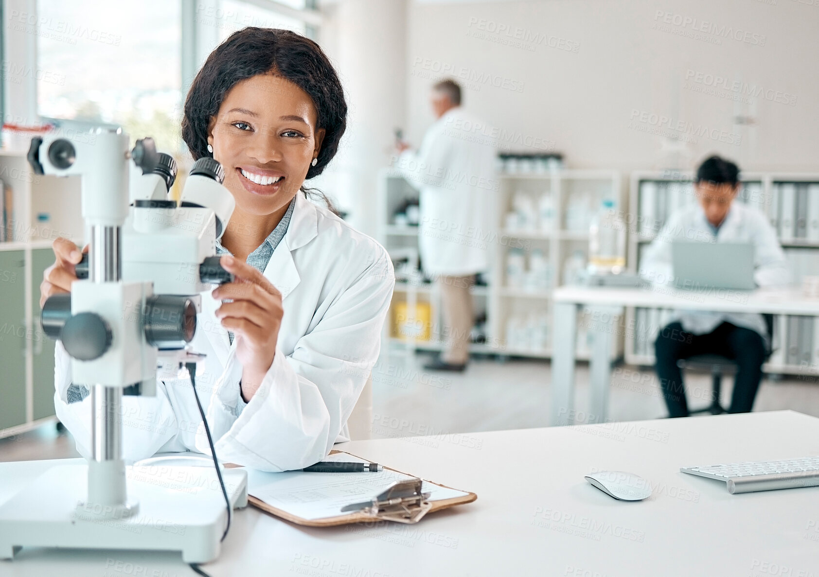 Buy stock photo Scientist, portrait and woman with microscope in lab research notes, information and experiment results of study. Person, biotechnology and clipboard, medical and report of pharmaceutical test