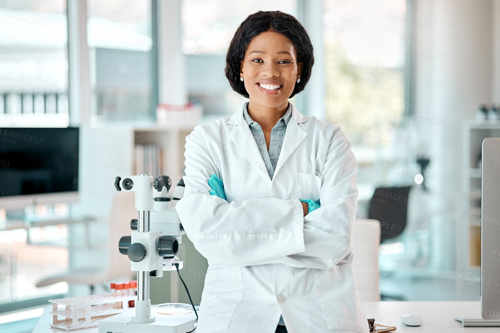 Buy stock photo Scientist, woman and portrait with arms crossed in lab for confidence with medical research and microbiology study. Professional, science and happy for chemistry breakthrough, innovation and analysis