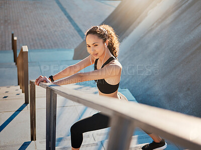 Buy stock photo Training, above and woman stretching on stairs for warm up, sports and body energy in city. Challenge, exercise and athlete runner with cardio on steps for marathon, health and workout performance