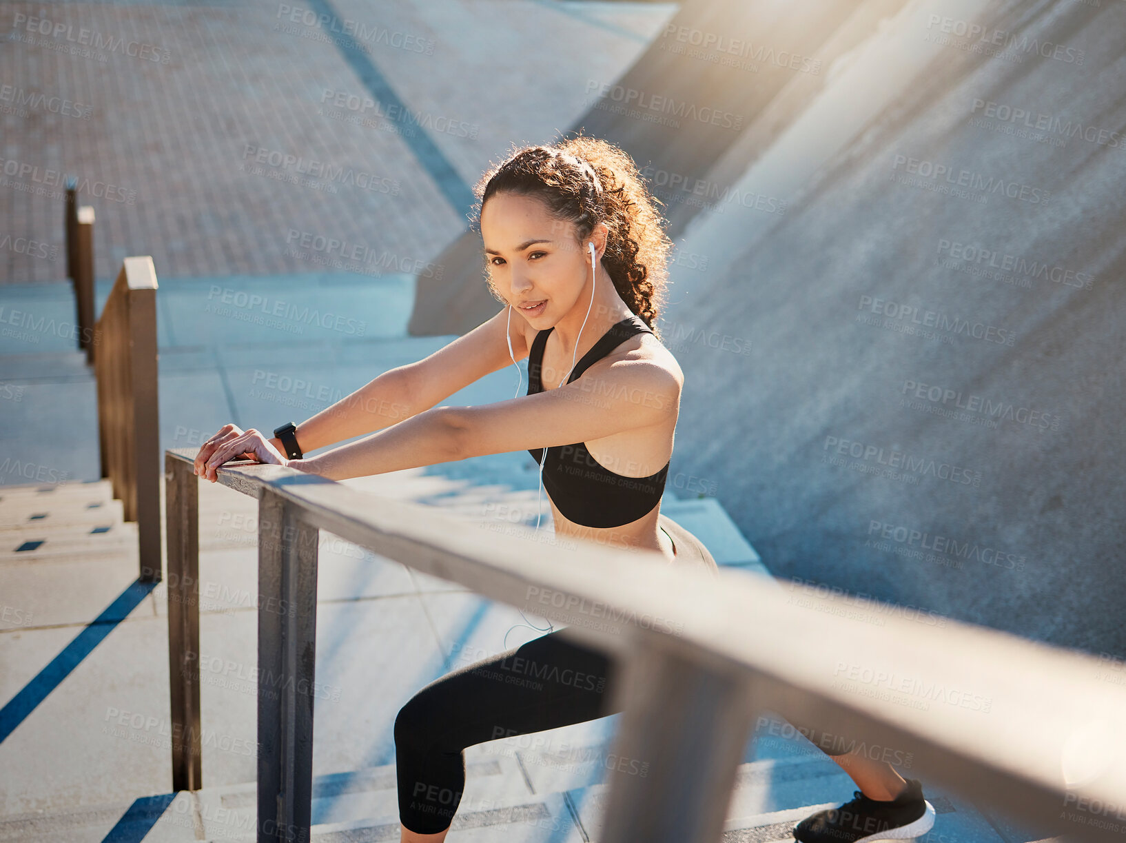 Buy stock photo Training, above and woman stretching on stairs for warm up, sports and body energy in city. Challenge, exercise and athlete runner with cardio on steps for marathon, health and workout performance