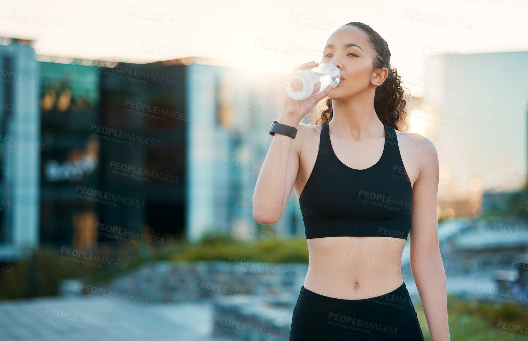 Buy stock photo Fitness, woman and drinking water in city for wellness or body health after exercise. Bottle, sports and thirsty person outdoor with refreshment, nutrition or diet for hydration with natural liquid