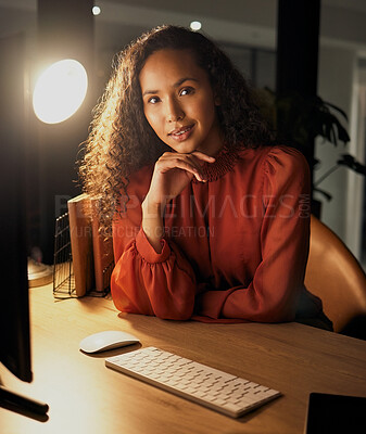 Buy stock photo Portrait, business woman and night by office desk with working overtime, computer and thinking. Female employee, smile and contemplating for startup ideas, online report and pc connection in dark