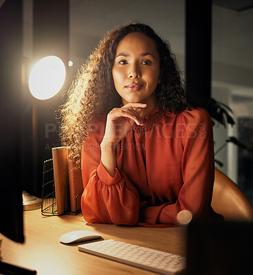 Buy stock photo Portrait, thinking and woman in office at night for problem solving global business report on deadline. Computer, idea and late evening with employee in workplace for planning international task