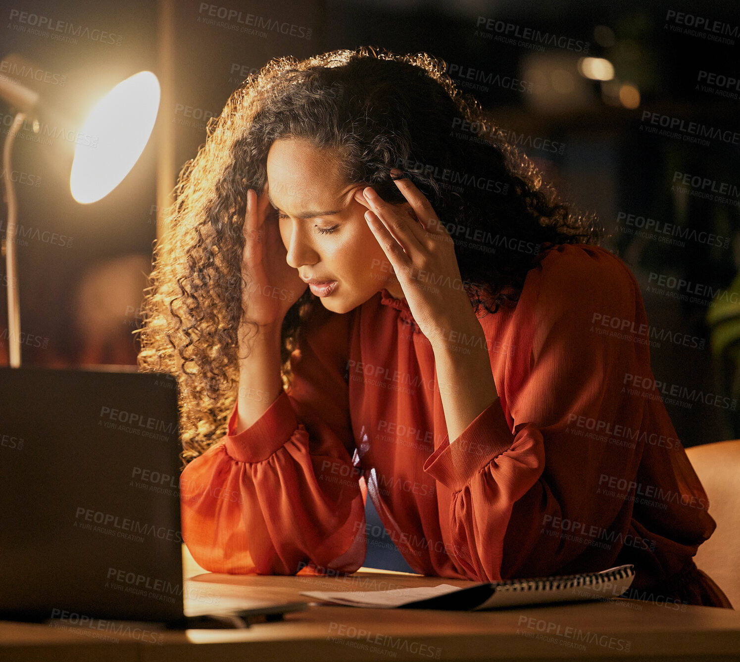 Buy stock photo Woman, night and laptop for finance headache, stress and frustrated with tax or bankruptcy in office. Female person, 404 error and glitch for tension migraine, professional risk and anxiety for fail