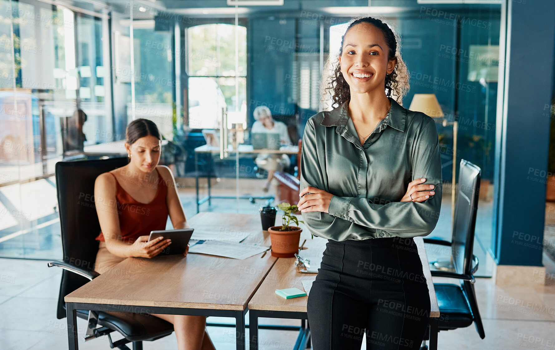 Buy stock photo Confident, woman and portrait in office with partner, career success and meeting for financial planning in company. Female manager, smile and arms crossed in boardroom for budget in business strategy