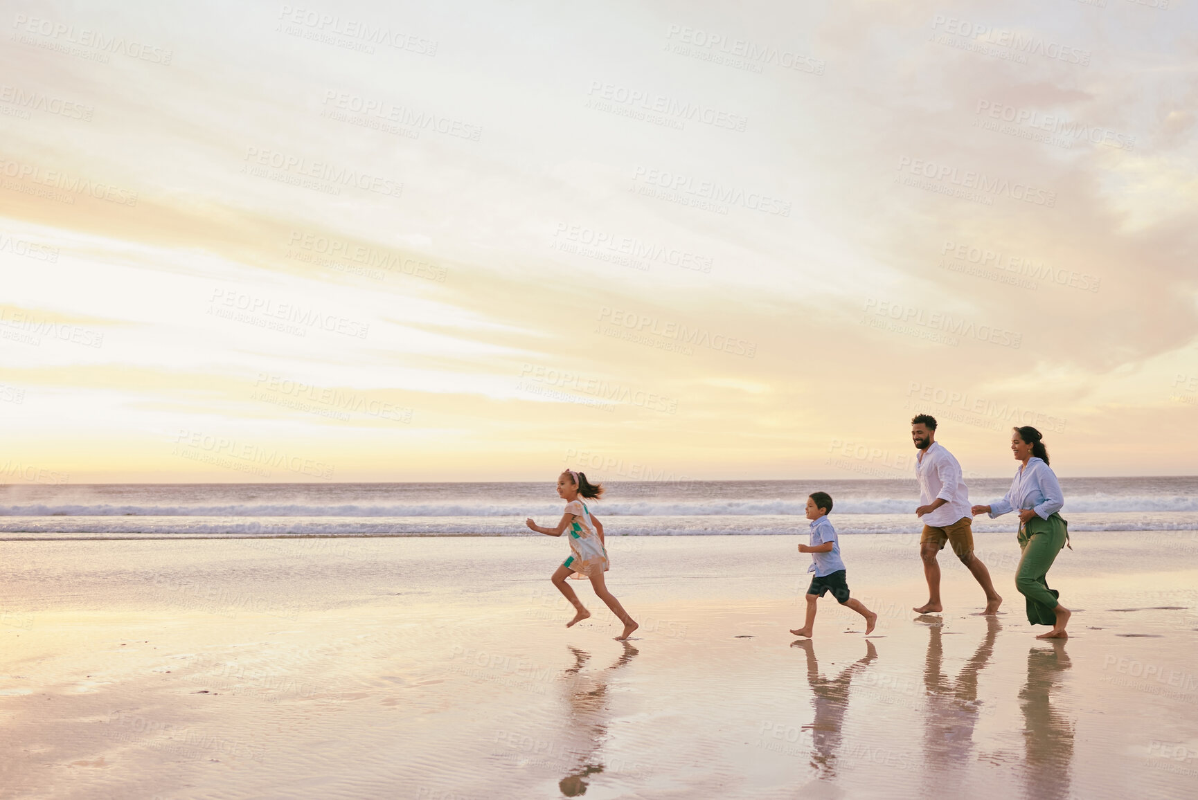 Buy stock photo Beach, family and sunrise with bonding and running with game, vacation and parents care. Kids, love and outdoor with travel, holiday and ocean with mom and dad by the sea with mockup together