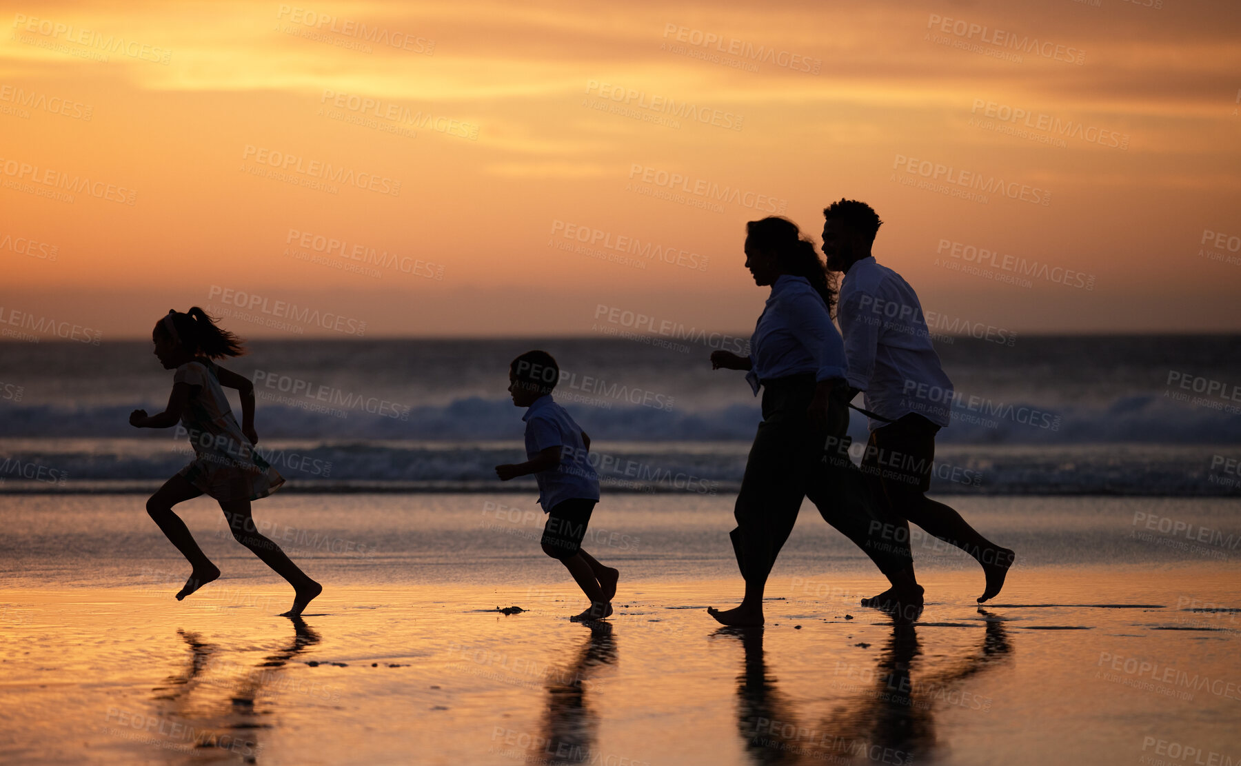 Buy stock photo Beach, family and sunset with silhouette and running with fun, playing and parent care. Kids, love and game with travel, summer holiday and ocean with shadow of mom and dad with sea on vacation