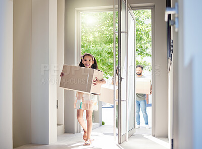 Buy stock photo Happy family, real estate and child moving in new home with box for property, mortgage loan or celebration. Mother, father and little girl homeowner walking and carrying boxes together in the house
