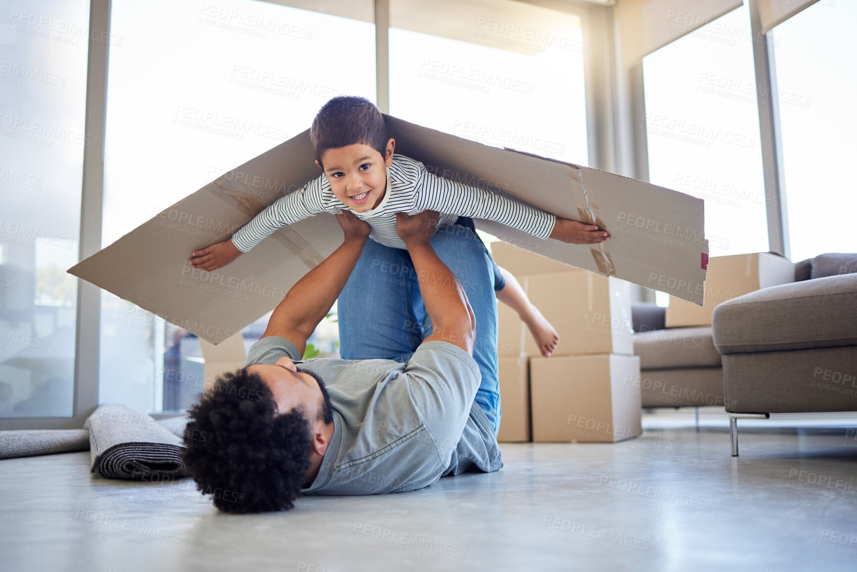 Buy stock photo Playing, father an flying with kid in portrait, trust and entertainment in home for imagination. Young person, man and learning with youth development, growth and creativity with bonding together
