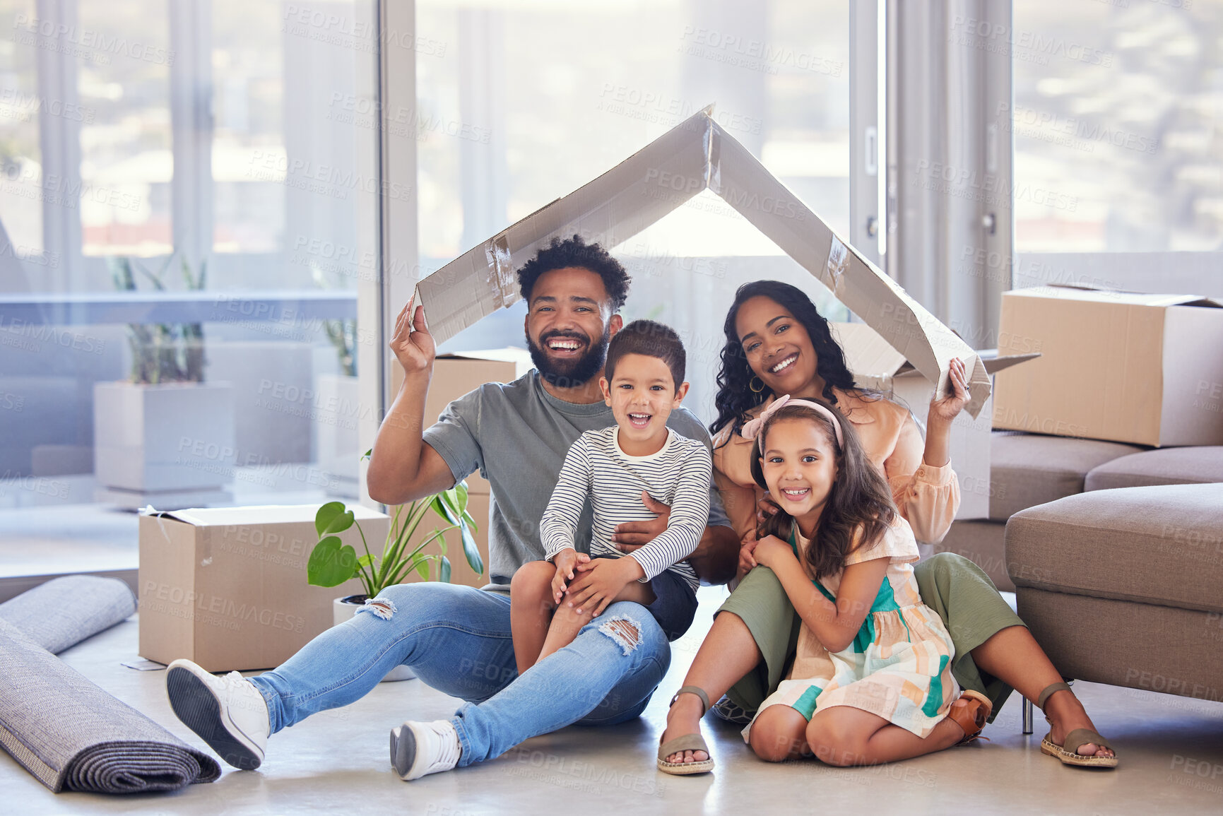 Buy stock photo Happy family, portrait and roof with kids in real estate, moving in or new home together. Excited mother, father and children with smile in shelter, property or apartment for house insurance or start