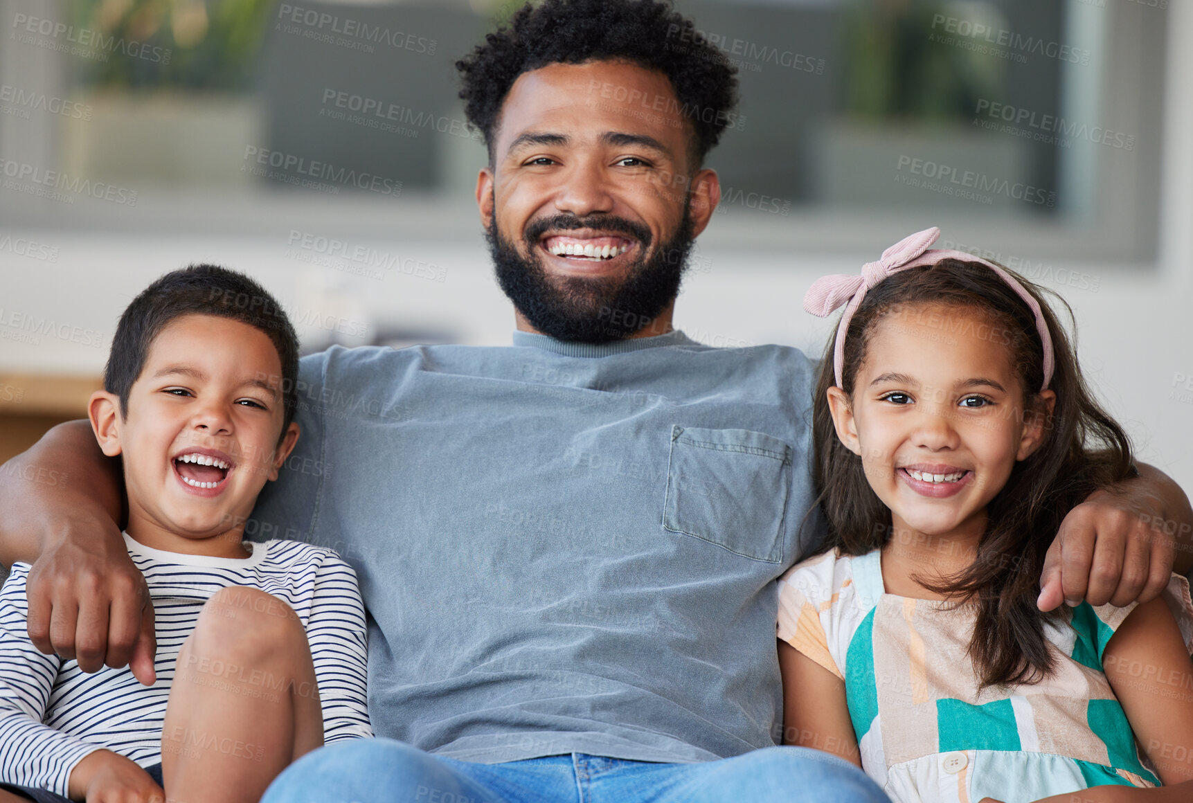 Buy stock photo Happy portrait, father and children on couch for healthy relationship, bonding time and care in home. Smile, papa and kids with love hug for support, trust and peace or relax together in living room