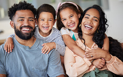 Buy stock photo Happy, portrait and family relax, home and affection with quality time, bonding and loving together. Face, parents or mother with father, children and kids with happiness, lounge and hug with a smile