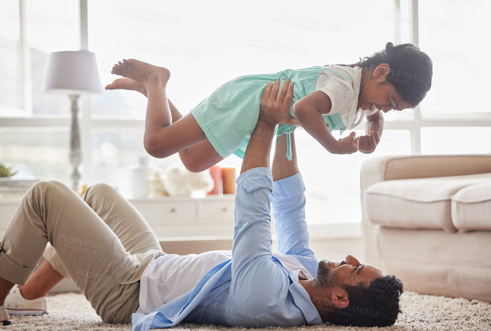 Buy stock photo Airplane, game and father with girl on a floor with love, fun and playing in their home together. Happy, flying and child with parent in living room for bonding, relax and enjoying weekend in lounge