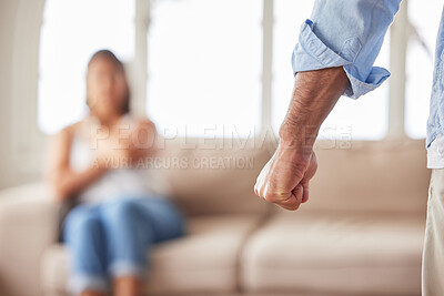 Buy stock photo Angry, hand of man and domestic violence with scared family in living room, marriage problem and fear. Toxic relationship conflict, abuse and anger, fist of male and danger for woman and kid on sofa.