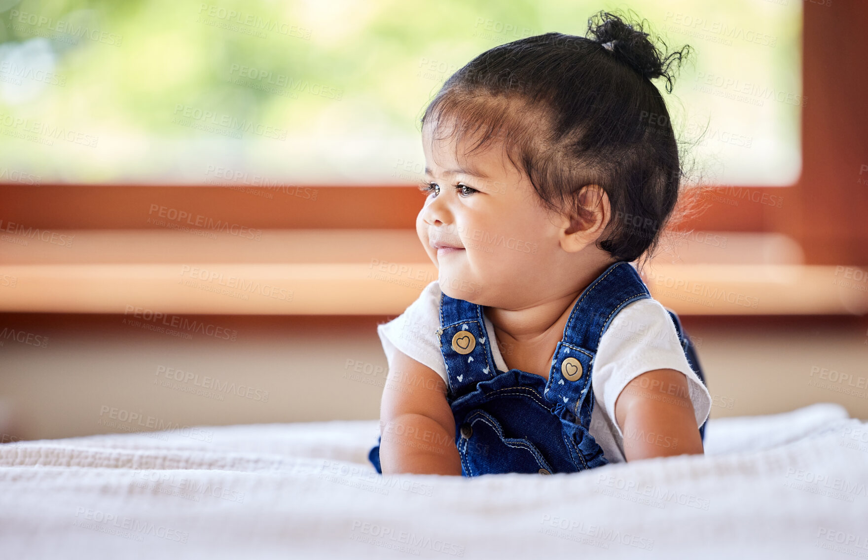 Buy stock photo Thinking, happy and baby on bed in home for growth, development and support for care or health. Morning, girl or kid and wellness for learning and memory or idea for games and tummy time in nursery 