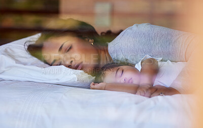 Buy stock photo Mother daughter bed baby sleeping dreaming