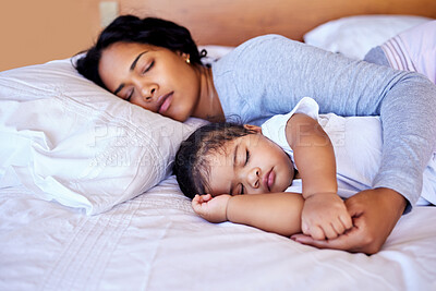 Buy stock photo Mother daughter bed baby sleeping dreaming