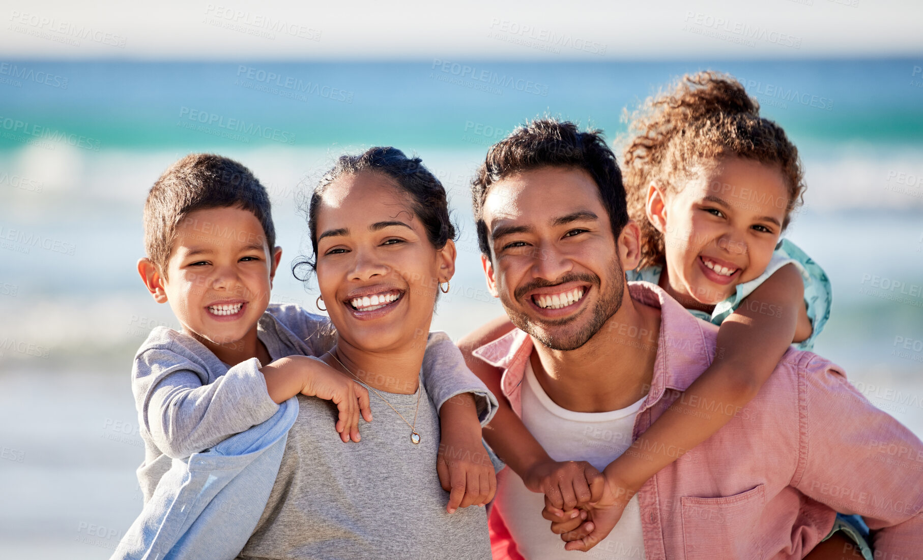 Buy stock photo Happy family, beach and smile in portrait for vacation or travel, support for children in Mexico. Mom, dad and kids by ocean for group holiday with sea adventure, love in nature with solidarity